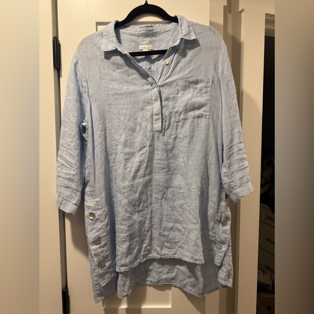 J. Jill Light Blue Striped Linen Blend Tunic Blouse